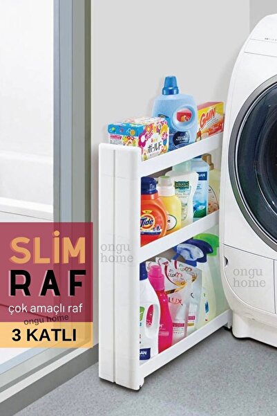 ongu home Slim Raf 3 Katlı Çok Amaçlı Tekerlekli Raf (BEYAZ)