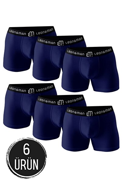 LEON&MAN Erkek Boxer Likralı Premium Lacivert 6’lı Kutuda Pamuklu