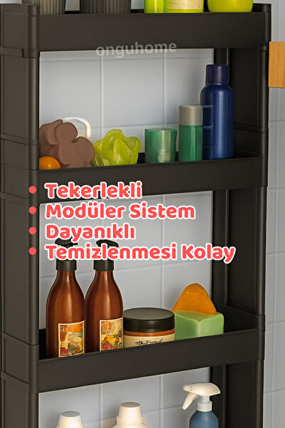 ongu home Slim Raf 4 Katlı Çok Amaçlı Tekerlekli Organizer Mutfak Rafı Banyo Düzenleyicisi (SİYAH)