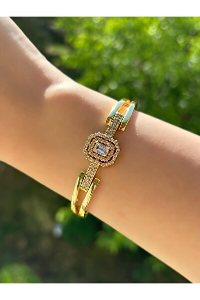 Elistar Kadın Gold Renk Kararmaz Baget Taşlı Zarif Kelepçe Bileklik