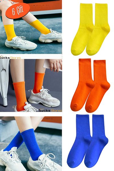 Esinti 6 Pairs Men Women Socks Plain Blue -Orange- Yellow Socket Socks Unisex Colorful Tennis Sports Socks