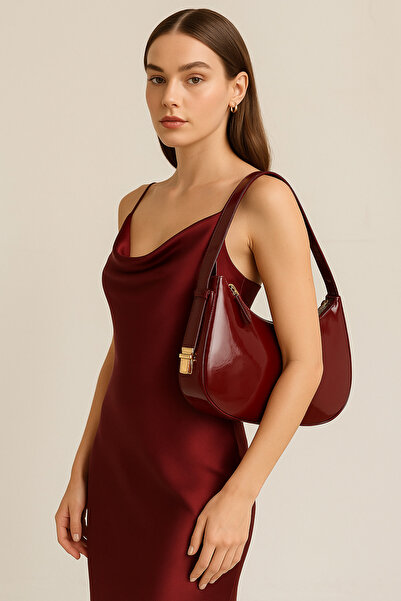 ZİVORA Geantă de umăr și mână din piele lacuată pentru femei, model baguette, cu închidere cu fermoar, cu detaliu special de curea