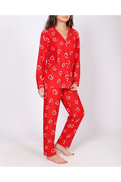 pae Kalp Desenli %100 Cotton Pamuk Kırmızı Homewear Pijama Takımı
