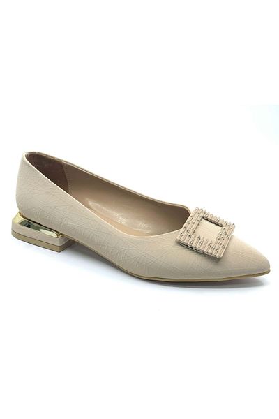 KCMN Feles Square Stone Buckle Detailed Women's Classic Shoes Beige