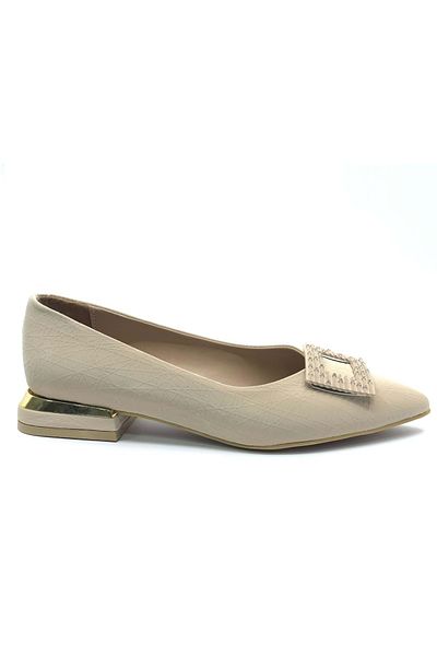 KCMN Feles Square Stone Buckle Detailed Women's Classic Shoes Beige