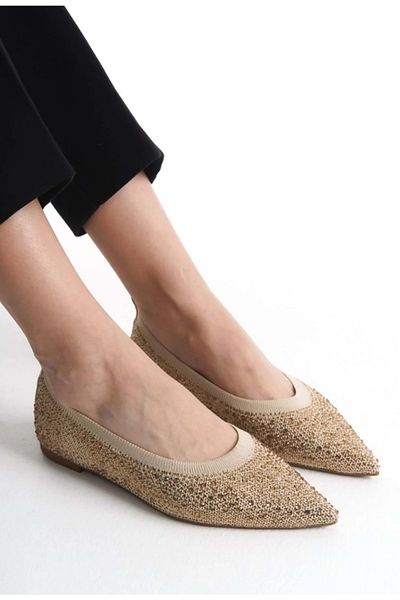KOCAMANLAR Feles Pointed Toe Stone Detailed Women's Ballerina Shoes Beige