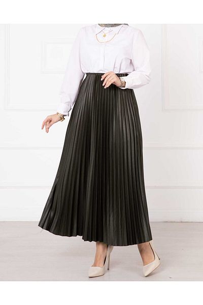 Elifnur Women's Leather Look, Pleated Stylish Skirt