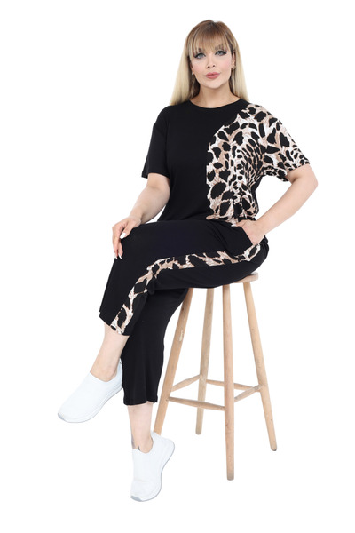 MELSAY Дамски комплект с къс ръкав и черен тигров мотив