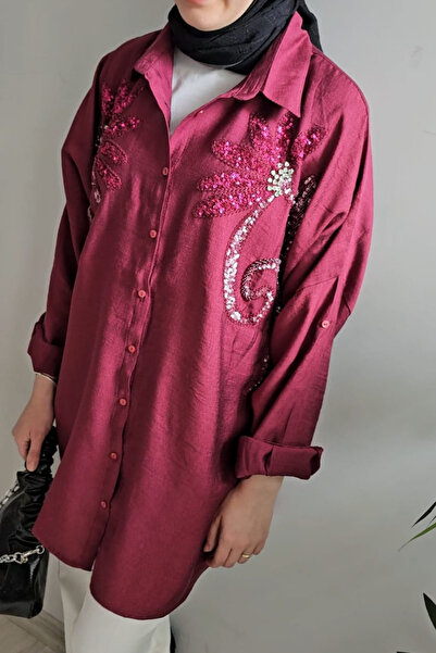 ASELA. قميص تونيك مطرز باللون الأحمر الداكن مقاس كبير