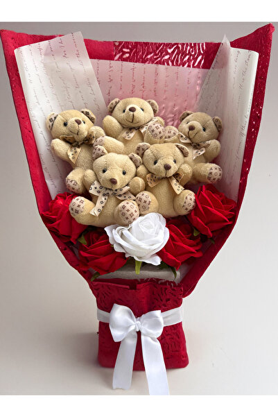 lenostra Sevgiliye Hediye Kırmızı Beyaz Güllü Ayıcık Buketi Dogum Gunu Hediye...