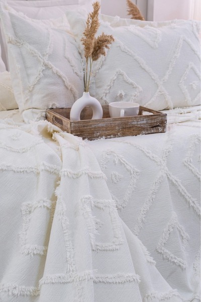 lusso stile İskandınav Desen Çift Kişilik Ekru 240x250 Ve 2 Adet Yastık Kılıfı