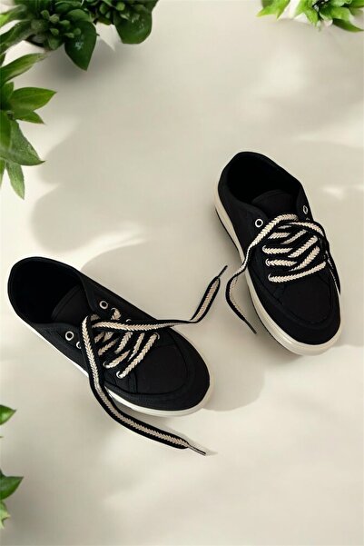 LANDSHOES Siyah Kadın Yüksek Taban Sneaker Keten Kumaş Bağcıklı Kadın Spor Ayakkabı