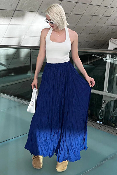 Cochines Women's Navy Blue Wrinkled Pleated Long Gather Detailed Maxi Skirt Crush Flared Effect Long Skirt