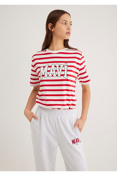Mavi Rot gestreiftes T-Shirt mit Logo-Print, normale Passform / normaler Schnitt 1611360-84475