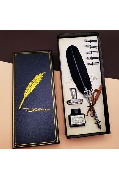 pazarella Black Dip Inkwell Pen Set