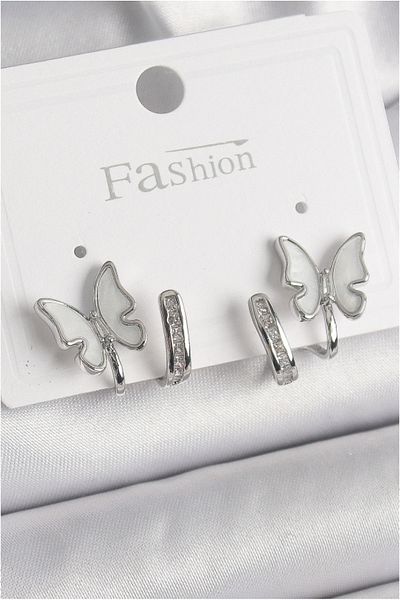 MAGNESİA Brass Silver Color Zircon Stone Detailed White Pearlescent Butterfly Model Women's Earrings - Tj-Bkp9869