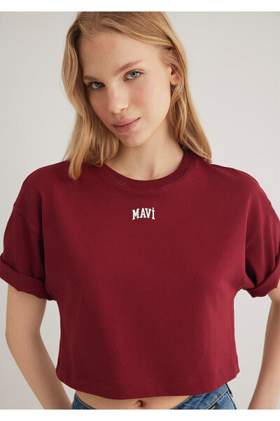 Mavi Футболка з логотипом бордового кольору, укорочена / коротка 1611585-70392