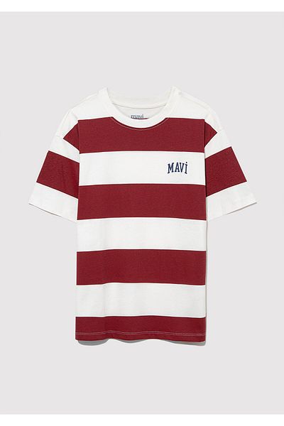 Mavi Logo Printed Red Striped T-Shirt Loose Fit / Loose Relaxed Fit 6610183 -88061