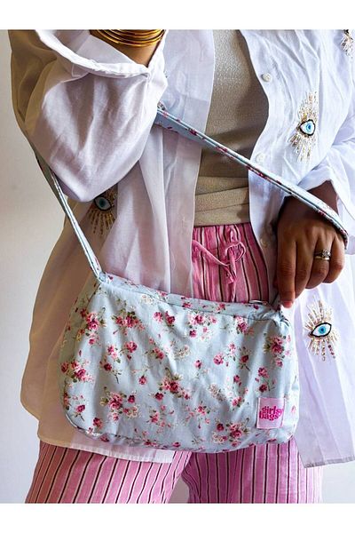girlsybags Geantă de umăr pentru femei Geantă florală cu curea Geantă baghetă Geantă din material textil cu fermoar Geantă de mână albastră