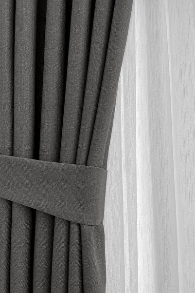 Perde Pendik ستارة خلفية من الكتان نوفا - رمادي غامق أنثراسايت، مناسبة لغرف الموسم الجديد (جناح واحد)