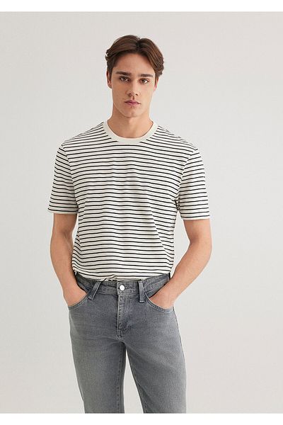 Mavi Gestreiftes weißes T-Shirt mit normaler Passform 0612526 -70057