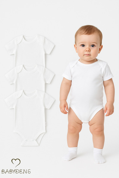 BABYDEN'S 3-Piece 100% Cotton White Short Sleeve Baby Bodysuit Set |   0-3 Mo...