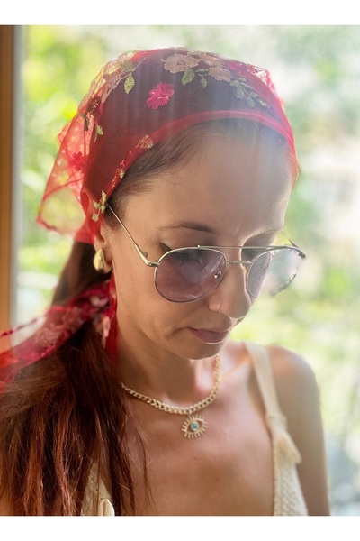 VENÜS MODA by Pınar Red Bandana New Season Floral Embroidered Tulle Scarf Foulard Hair Accessory