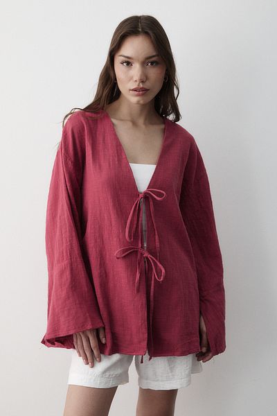 JASTE Women's Cherry Bat Sleeve Double Tie Kimono 100% Cotton
