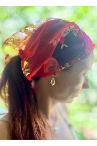 VENÜS MODA by Pınar Red Bandana New Season Floral Embroidered Tulle Scarf Foulard Hair Accessory