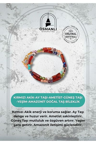OSMANLI DOĞAL TAŞ Red Agate-Moon Stone-Amethyst-Sun Stone-Jade-Amazonite Natural Stone Bracelet