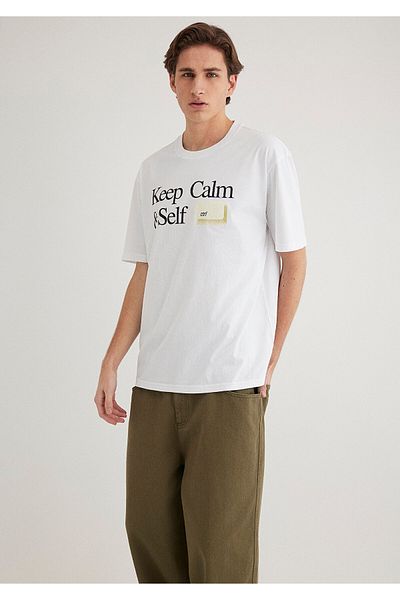 Mavi Keep Calm εμπριμέ λευκό μπλουζάκι Loose Fit / Loose Relaxed Fit 0612463 -620