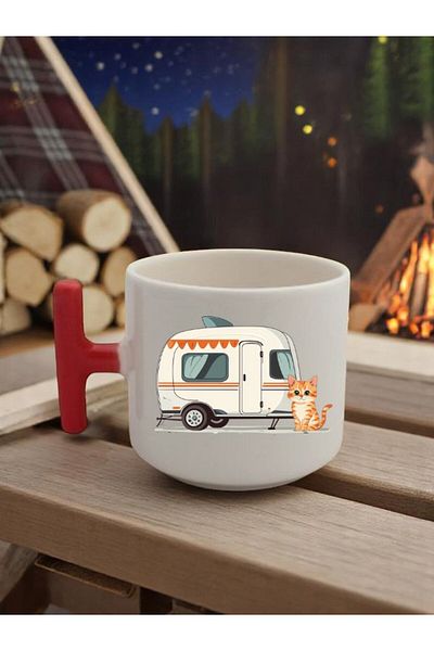 lili hediyelik Caravan and Cat Printed 3-Piece Red Handled Mug