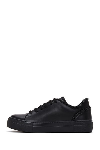 Derimod Women's Black Lace-Up Stone Detailed Leather Sneaker 24Wfd290118