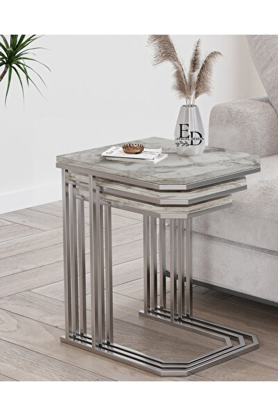 ED Efelez Design Zigon Sehpa , Lyon 3'lü C Zigon Sehpa Takımı , Gümüş Metal -...