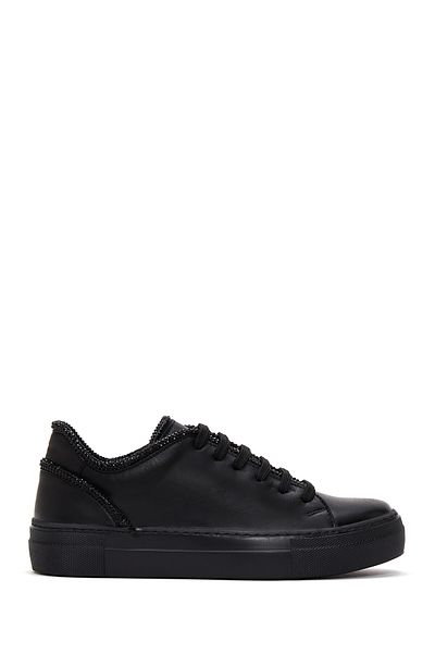 Derimod Women's Black Lace-Up Stone Detailed Leather Sneaker 24Wfd290118