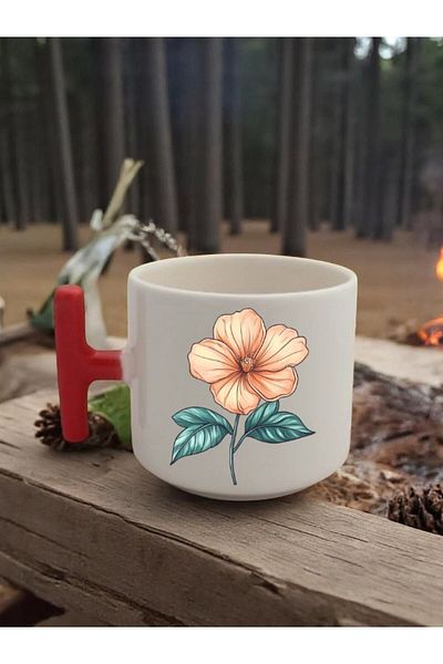 lili hediyelik Flowers Printed 3-Piece Red Handled Mug Cup