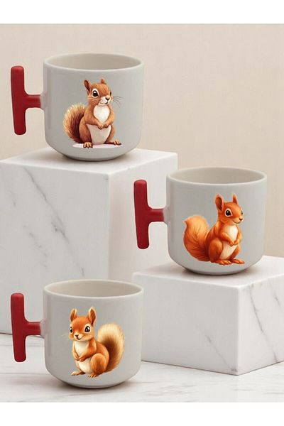 lili hediyelik Squirrel Printed 3-Piece Red Handled Mug