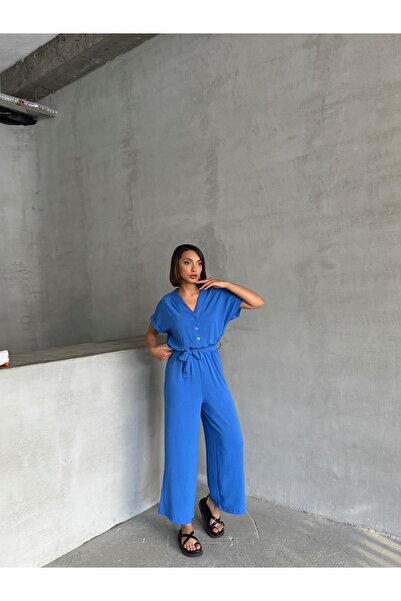 BEJNA Blauer Jumpsuit mit Gürtel – Damen, Knopfdetails