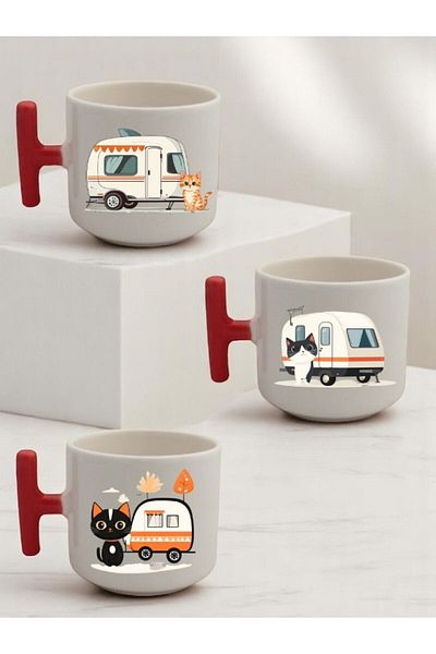 lili hediyelik Caravan and Cat Printed 3-Piece Red Handled Mug
