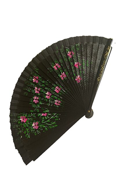 Genel Markalar - Çift Taraflı Çiçek Desenli Siyah Kaliteli Japon Yelpaze