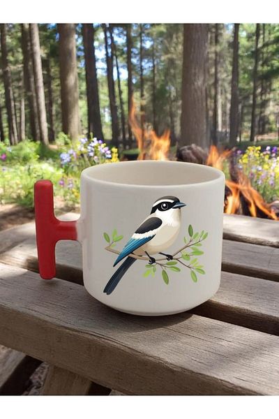 lili hediyelik Cute Bird on a Branch Printed 3-Piece Red Handled Mug