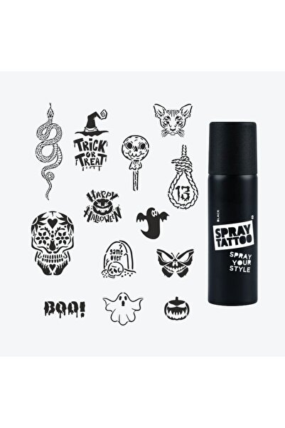ONE SPRAY TATTOO Halloween Dövme Şablon Seti + Siyah Sprey - Tattoo & Stencil...