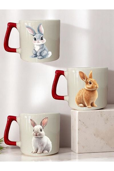lili hediyelik Rabbit Printed 3-Piece Red Handled Ceramic Mug Cup Coffee Cup