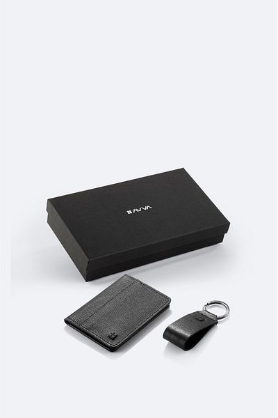 Avva Men's Black Gift Boxed 100% Leather Wallet-Keychain Set B 009570