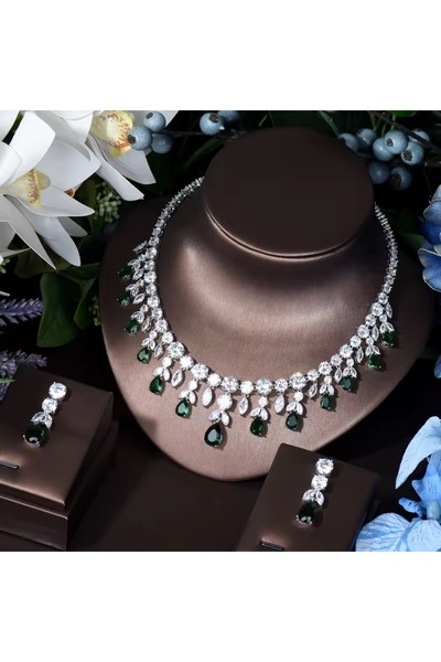 VİYA Azalea Yeşil Zirkon Taşlı Kolye Küpe Set Düğün Nişan Seti