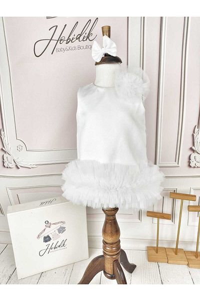 Hobidik HOBİDİK Baby Kids White Satin Tulle Detailed Dress