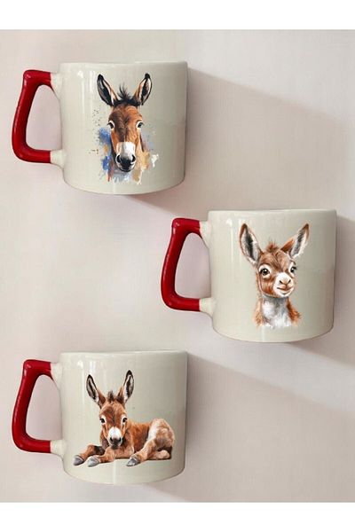 lili hediyelik Donkey Printed 3-Piece Red Handled Ceramic Mug Cup Coffee Cup