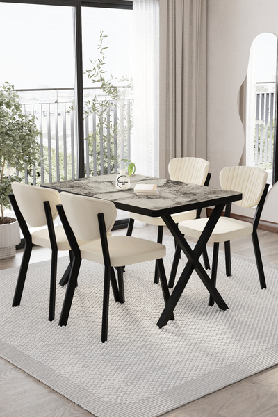 BY ORHAN GÜZEL ELMA Mutfak Yemek Masası Takımı- 4 Kişilik Mutfak Masa Sandaly...