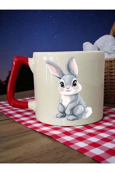 lili hediyelik Rabbit Printed 3-Piece Red Handled Ceramic Mug Cup Coffee Cup