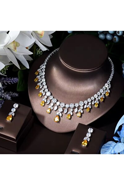 VİYA Azalea Sarı Zirkon Taşlı Kolye Küpe Set Düğün Nişan Seti